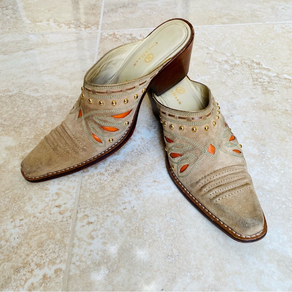 Cole Haan Women’s Morgan Beige Suede Studded Overlay Western Mule